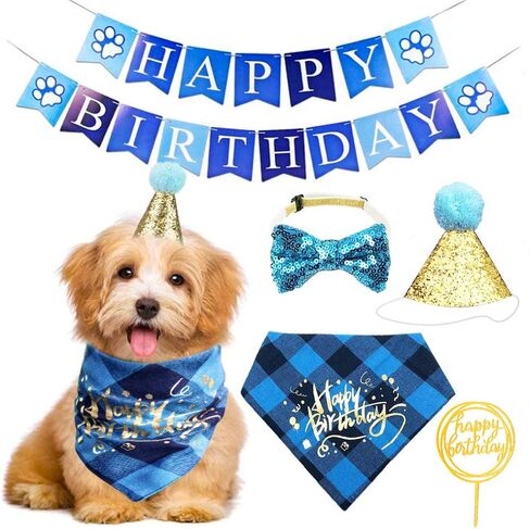 Dog Birthday Bandana Set Boy Girl, Cute Dog Bow Tie Scarf Crown Hat Happy Birthday Banner for Dogs Birthday Party Supplies Decorations for Small Medium Pet Dog Puppy in Saudi Arabia