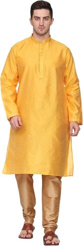 Men's Tunic Art Silk Kurta Pyjama Pajama Set Party Fashion Regular Ethinic Wear Indian Dress Gift for Men Orange Large in Saudi Arabia