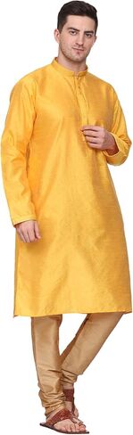 Men's Tunic Art Silk Kurta Pyjama Pajama Set Party Fashion Regular Ethinic Wear Indian Dress Gift for Men Orange Large in Saudi Arabia