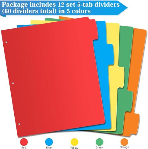 V-Opitos 12 Set 5-tab Index Dividers with 3 Holes Punched, Plastic Multicolor Dividers for 3 Ring Binders, 60 Pcs Dividers for School & Office Supplies in Saudi Arabia
