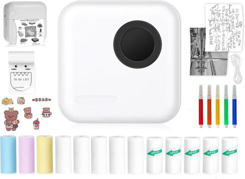 Mini Printer Portable Inkless Sticker Printer with 13 Rolls Paper, Ideal for Sticker Maker Machine, Label Printer for Small Business, Doodle Pocket Printer Compatible with Phone & Tablet in Saudi Arabia
