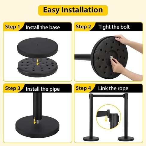 دعامة التحكم في الحشود مع مجموعة دعامة حزام قابلة للسحب بطول 6.5 قدم، فولاذ ممتاز عالي التحمل، سهل التجميع، أسود، 4 عبوات in Kuwait