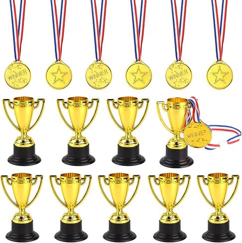 FEPITO 30 Pcs Trophies Medals Set 10Pcs Gold Plastic Trophy Cup and 20Pcs Winner Medals for Kid Party Sports Awards in Saudi Arabia