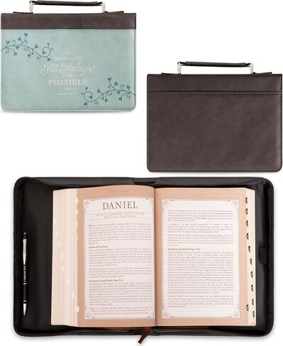 Christian Art Gifts Women's Fashion Bible Cover All Things are Possible Matthew 19:26, Gray and Light Blue Vines Faux Leather, Medium in Kuwait