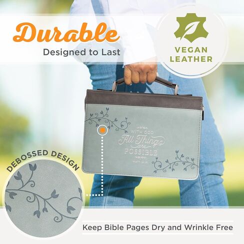 Christian Art Gifts Women's Fashion Bible Cover All Things are Possible Matthew 19:26, Gray and Light Blue Vines Faux Leather, Medium in Kuwait