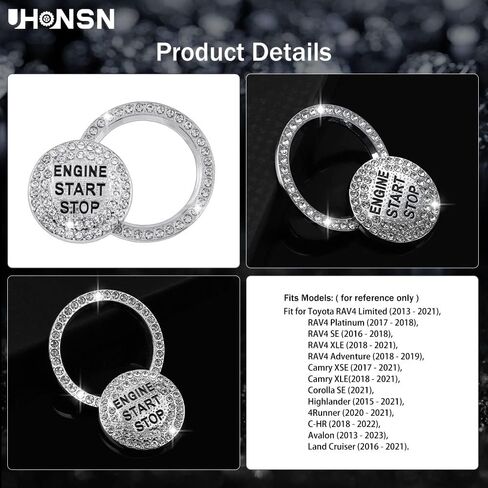 ملحقات سيارة UHONSN Bling لسيارة Toyota Crystal Engine Start Stop Button Cover ملصقات معدنية، ملصقات إشعال داخلية تلقائية، زخارف لامعة متوافقة مع Toyota RAV4 Camry Corolla Highlander 4Runner C-HR Avalon Land Cruiser in Kuwait