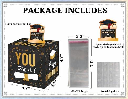صندوق نقود التخرج لسحب الهدايا النقدية، صناديق هدايا النقود للنقود مع سحب لحفلات التخرج مع 50 قطعة من الحقائب الشفافة المتصلة بجيب، ديكورات حفلات تخرج الكلية الثانوية-GM02 in Kuwait