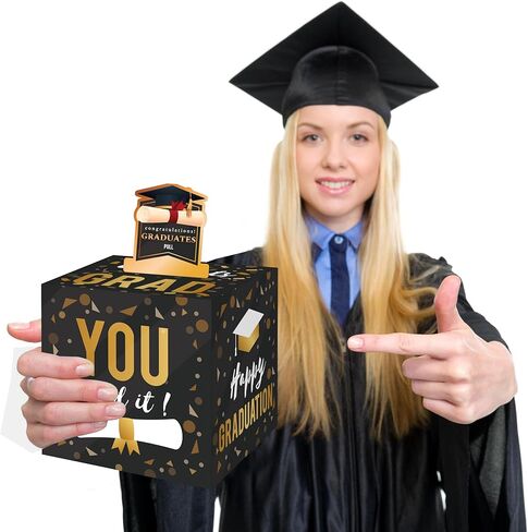 صندوق نقود التخرج لسحب الهدايا النقدية، صناديق هدايا النقود للنقود مع سحب لحفلات التخرج مع 50 قطعة من الحقائب الشفافة المتصلة بجيب، ديكورات حفلات تخرج الكلية الثانوية-GM02 in Kuwait