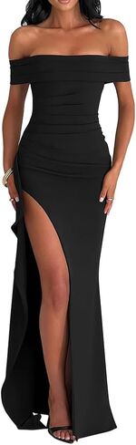 LAGSHIAN Women's Elegant Bodycon Off Shoulder Sleeveless High Split Ruched Long Formal Evening Dress in Saudi Arabia