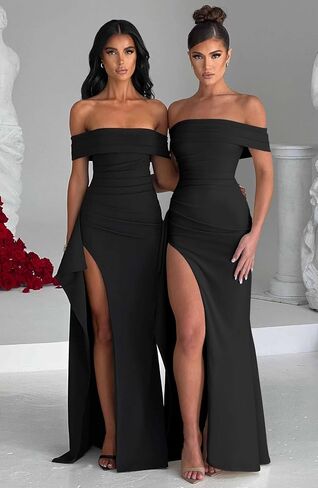 LAGSHIAN Women's Elegant Bodycon Off Shoulder Sleeveless High Split Ruched Long Formal Evening Dress in Saudi Arabia