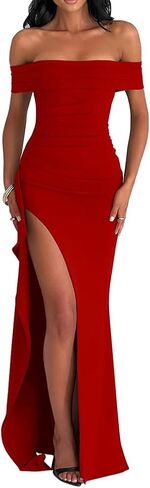 LAGSHIAN Women's Elegant Bodycon Off Shoulder Sleeveless High Split Ruched Long Formal Evening Dress in Saudi Arabia