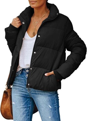 سترة Gihuo النسائية المنتفخة كبيرة الحجم للشتاء الدافئ بسحاب مبطن وياقة واقفة وسترات مبطنة مع جيوب (أسود-L) in Kuwait