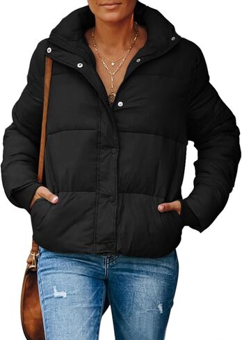 سترة Gihuo النسائية المنتفخة كبيرة الحجم للشتاء الدافئ بسحاب مبطن وياقة واقفة وسترات مبطنة مع جيوب (أسود-L) in Kuwait