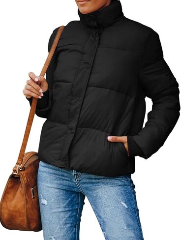 سترة Gihuo النسائية المنتفخة كبيرة الحجم للشتاء الدافئ بسحاب مبطن وياقة واقفة وسترات مبطنة مع جيوب (أسود-L) in Kuwait