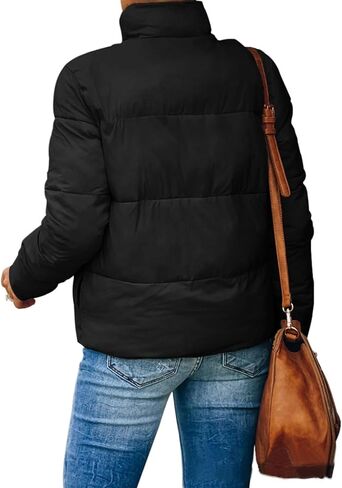 سترة Gihuo النسائية المنتفخة كبيرة الحجم للشتاء الدافئ بسحاب مبطن وياقة واقفة وسترات مبطنة مع جيوب (أسود-L) in Kuwait