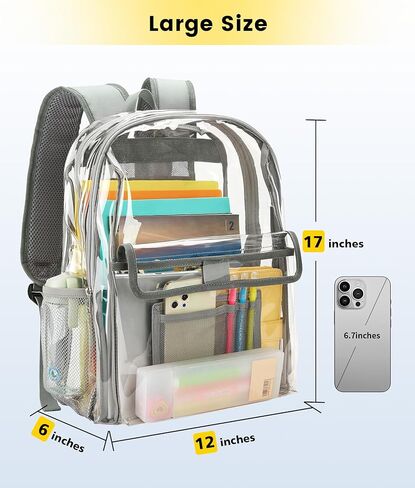 حقيبة ظهر Vorspack Clear شديدة التحمل - حقيبة كتب شفافة مع جيوب متعددة شفافة من خلال حقيبة ظهر كبيرة شفافة للسفر للعمل في الكلية - أسود in Kuwait