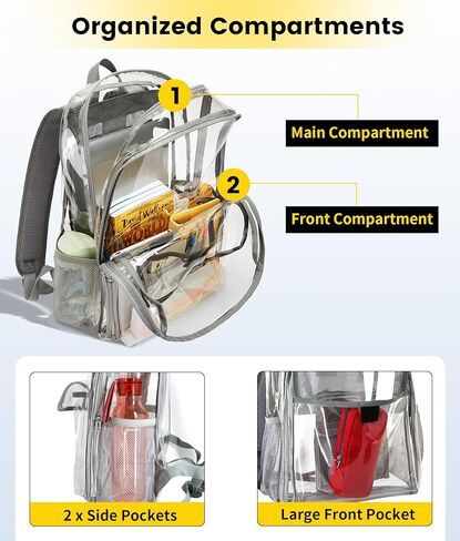 حقيبة ظهر Vorspack Clear شديدة التحمل - حقيبة كتب شفافة مع جيوب متعددة شفافة من خلال حقيبة ظهر كبيرة شفافة للسفر للعمل في الكلية - أسود in Kuwait