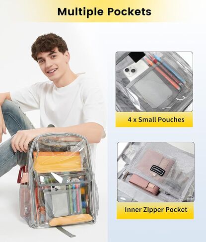 حقيبة ظهر Vorspack Clear شديدة التحمل - حقيبة كتب شفافة مع جيوب متعددة شفافة من خلال حقيبة ظهر كبيرة شفافة للسفر للعمل في الكلية - أسود in Kuwait