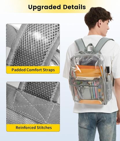 حقيبة ظهر Vorspack Clear شديدة التحمل - حقيبة كتب شفافة مع جيوب متعددة شفافة من خلال حقيبة ظهر كبيرة شفافة للسفر للعمل في الكلية - أسود in Kuwait