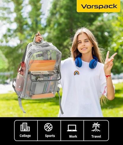 حقيبة ظهر Vorspack Clear شديدة التحمل - حقيبة كتب شفافة مع جيوب متعددة شفافة من خلال حقيبة ظهر كبيرة شفافة للسفر للعمل في الكلية - أسود in Kuwait