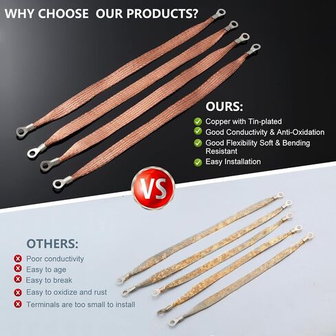5PCS Universal Automotive Ground Strap,3pcs 10"x1/2" & 2pcs 13"x1/2" Tinned Copper Vehicle Grounding Cable Straps,Automotive Engine Braided Copper Ground Strap with 5/16" Rings Terminal Plugs in Saudi Arabia
