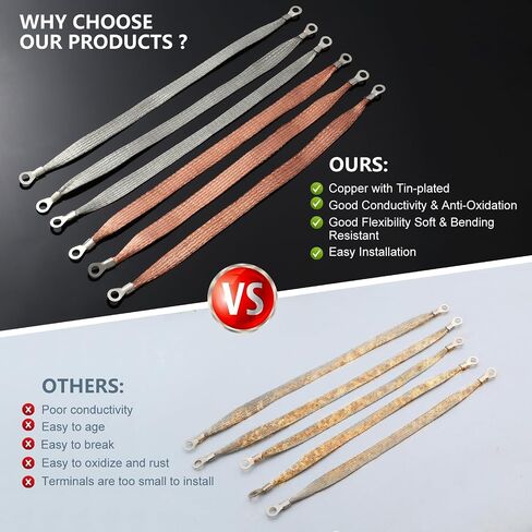 5PCS Universal Automotive Ground Strap,3pcs 10"x1/2" & 2pcs 13"x1/2" Tinned Copper Vehicle Grounding Cable Straps,Automotive Engine Braided Copper Ground Strap with 5/16" Rings Terminal Plugs in Saudi Arabia