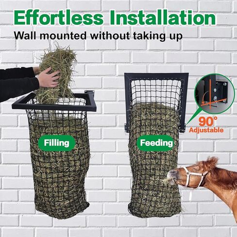 إطار تغذية القش بسعة 40 جالون، وحدة تغذية بطيئة للقش مع شبكة من النايلون، إطار حديدي بالكامل وجزء علوي مفتوح واسع، رف قش مثبت على الحائط للخيول/الماعز، أسود in Kuwait