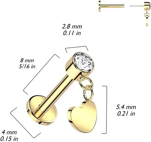 Pierced Owl 18GA ASTM F-136 Implant Grade Titanium Threadless Push-In CZ Crystal with Dangling Heart Flat Back Stud in Saudi Arabia