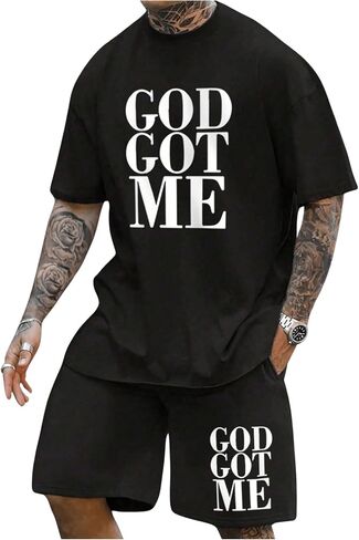 GORGLITTER Men's 2 Piece Slogan Graphic Outfit Short Sleeve Tee Drawstring Waist Shorts Set in Saudi Arabia