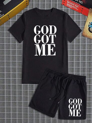 GORGLITTER Men's 2 Piece Slogan Graphic Outfit Short Sleeve Tee Drawstring Waist Shorts Set in Saudi Arabia
