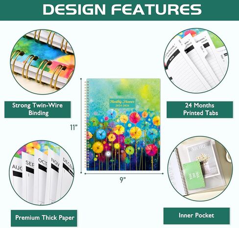 مخطط لمدة عامين 2024-2026 - مخطط التقويم الشهري 2024-2026، من JUL. 2024 إلى يونيو. 2026، 9 × 11 بوصة، 24 علامة تبويب شهرية وجيب خلفي in Kuwait