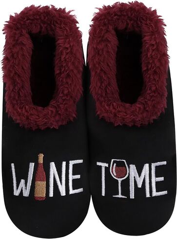 Snoozies Pairable Slipper Socks - Funny House Slippers for Women, Non-Slip Fuzzy Slipper Socks - Wine Time -X- Large in Kuwait