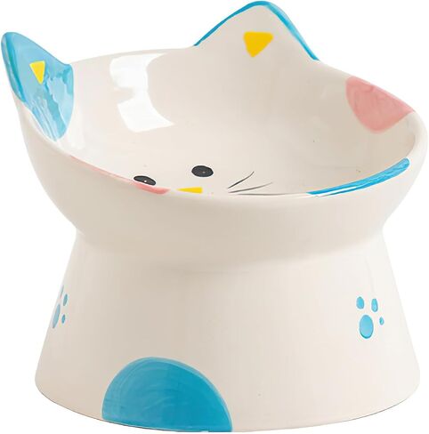 Cute Ceramic Raised Cat Bowls Elevated Design, 15° Tilted FeederProtect Cat's Spine Anti Vomiting Blow for Flat Faced Cats, Kitten Small Dogs,Raise Tilted Cat Food Bowld Pet Dishes(Blue) in Saudi Arabia