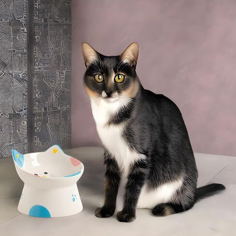 Cute Ceramic Raised Cat Bowls Elevated Design, 15° Tilted FeederProtect Cat's Spine Anti Vomiting Blow for Flat Faced Cats, Kitten Small Dogs,Raise Tilted Cat Food Bowld Pet Dishes(Blue) in Saudi Arabia