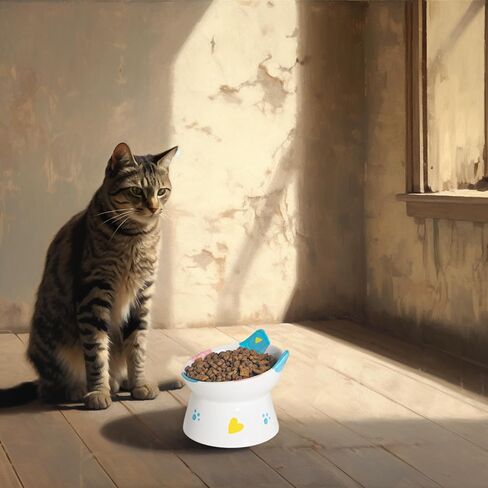 Cute Ceramic Raised Cat Bowls Elevated Design, 15° Tilted FeederProtect Cat's Spine Anti Vomiting Blow for Flat Faced Cats, Kitten Small Dogs,Raise Tilted Cat Food Bowld Pet Dishes(Blue) in Saudi Arabia