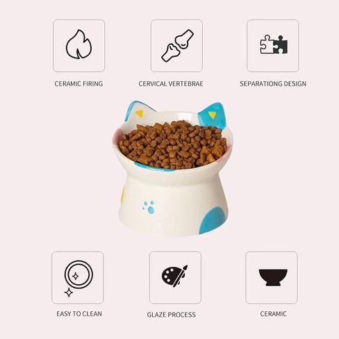 Cute Ceramic Raised Cat Bowls Elevated Design, 15° Tilted FeederProtect Cat's Spine Anti Vomiting Blow for Flat Faced Cats, Kitten Small Dogs,Raise Tilted Cat Food Bowld Pet Dishes(Blue) in Saudi Arabia