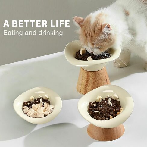 Tronssien Flower Shaped Bowl for Pets, Elevated Wooden Seated Ceramic Cat Bowl, 6.2 inches Food & Water Bowls with Velcro, Raised Circular Design for Puppy and Cats, Warm Yellow (Color) in Kuwait