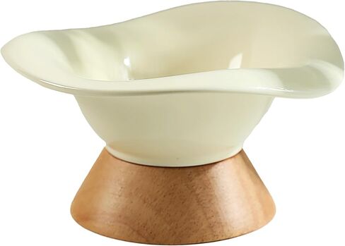 Tronssien Flower Shaped Bowl for Pets, Elevated Wooden Seated Ceramic Cat Bowl, 6.2 inches Food & Water Bowls with Velcro, Raised Circular Design for Puppy and Cats, Warm Yellow (Color) in Kuwait