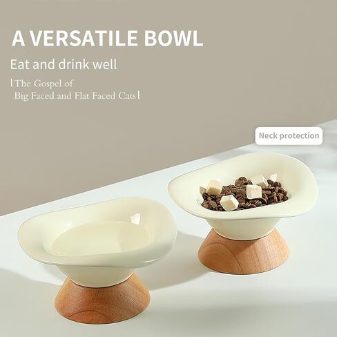 Tronssien Flower Shaped Bowl for Pets, Elevated Wooden Seated Ceramic Cat Bowl, 6.2 inches Food & Water Bowls with Velcro, Raised Circular Design for Puppy and Cats, Warm Yellow (Color) in Kuwait