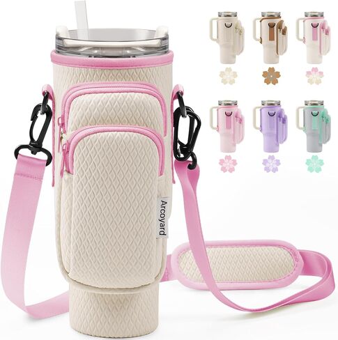 حامل زجاجة مياه مع حزام قابل للتعديل لكوب ستانلي سعة 40 أونصة بمقبض، وحقيبة ستانلي مع جيوب للهاتف والمفاتيح، تأتي مع فرشاة من القش، وإكسسوارات كأس ستانلي in Kuwait