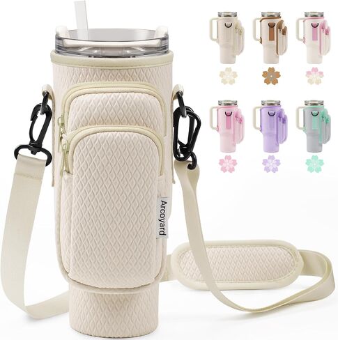 Water Bottle Holder with Adjustable Strap for Stanley 40 oz Tumbler with Handle, Stanley Bag with Phone and Key Pockets, Comes with a Straw Brus, Stanley Cup Accessories in Saudi Arabia