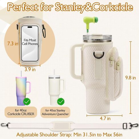 Water Bottle Holder with Adjustable Strap for Stanley 40 oz Tumbler with Handle, Stanley Bag with Phone and Key Pockets, Comes with a Straw Brus, Stanley Cup Accessories in Saudi Arabia