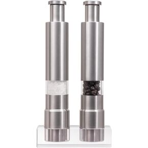 Salt and Pepper Grinder Set, Pump & Grind Peppermill, 2 Refillable Stainless Steel Mills with Thumb Press, One-Handed Salt and Pepper Grinder with Clear Acrylic Stand for Kitchen and Dining in Saudi Arabia