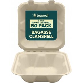 BOSNAL 9 Inch 3-Compartment Clamshell Boxes - Bulk Box of 200 Pcs (8 Sets of 25), 100% Bagasse, Eco-Friendly Disposable Takeout Containers for Hot & Cold Foods, Microwave Safe, BPA-Free & Durable in Saudi Arabia