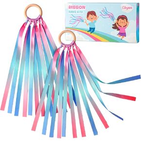 Cikyner Ribbon Hand Kites for Kids, 2 Pcs Premium Colorful Ribbon Waldorf Toys Creative Dancer Streamer String Toy with Beech Wood Ring Sensory Learning Educational Toy for Playroom Dancing Birthday in Kuwait