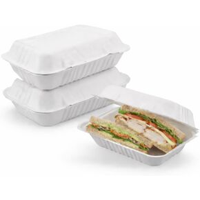 9" x 6" Bagasse Hinged Containers – PFAS-Free White Compostable Clamshell Takeout Boxes (250) in Saudi Arabia