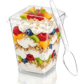 Hiasobre 50Pack 5oz Plastic Dessert Cups with Lids and Spoons, Reusable Clear Parfait Appetizer Cups, Square Party Shooter Serving Cup, Mini Dessert Shot Glasses for Tasting in Saudi Arabia
