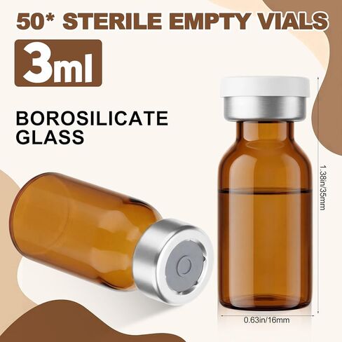 50 قطعة من قوارير فارغة معقمة ومختومة مع منفذ حقن ذاتي الشفاء، قوارير زجاجية فارغة من العنبر الشفاف مع غطاء قلاب من الألومنيوم البلاستيكي المحكم، قارورة حقن معقمة لمختبر القاع المسطح (3 مل) in Kuwait
