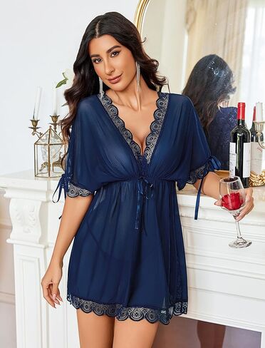Avidlove Women's 2 Piece Short Sleeve Ruffle Mesh Sheer Nightgowns with Thongs Babydoll Lingerie Set in Saudi Arabia