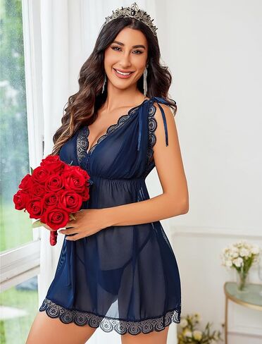 Avidlove Women's 2 Piece Short Sleeve Ruffle Mesh Sheer Nightgowns with Thongs Babydoll Lingerie Set in Saudi Arabia